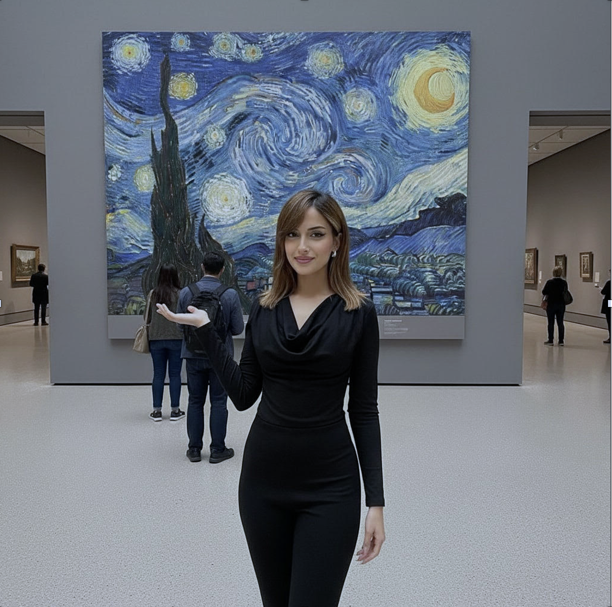 Amy Bloom standing before an oversized version of Starry Night in a museum gallery.
